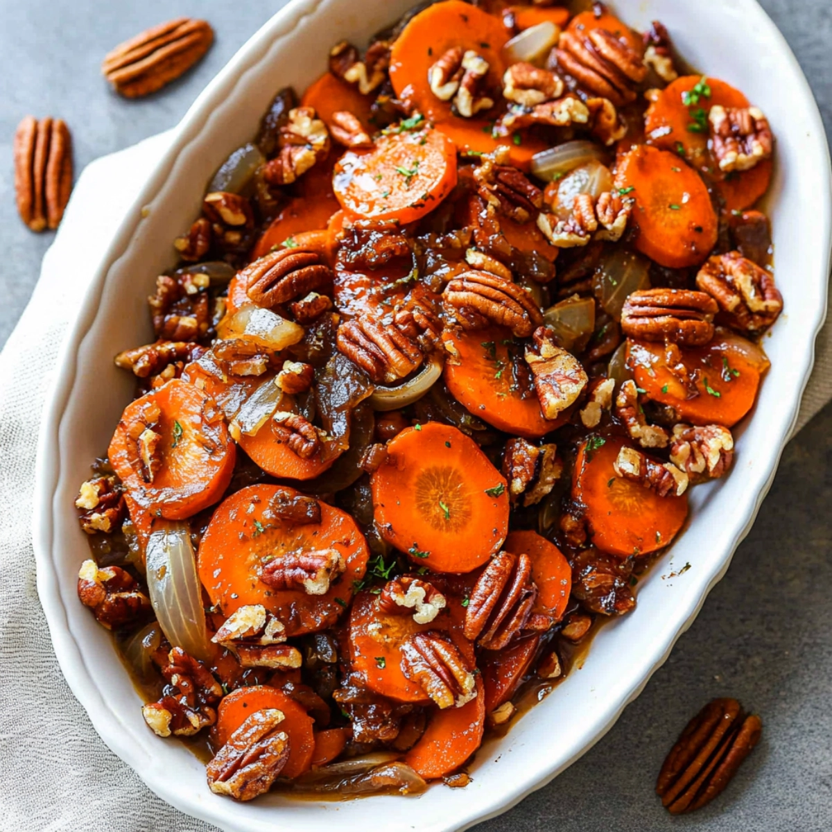 Delicious roasted carrots with pecans and caramelized onions, served in a white dish with a textured linen cloth beside it.