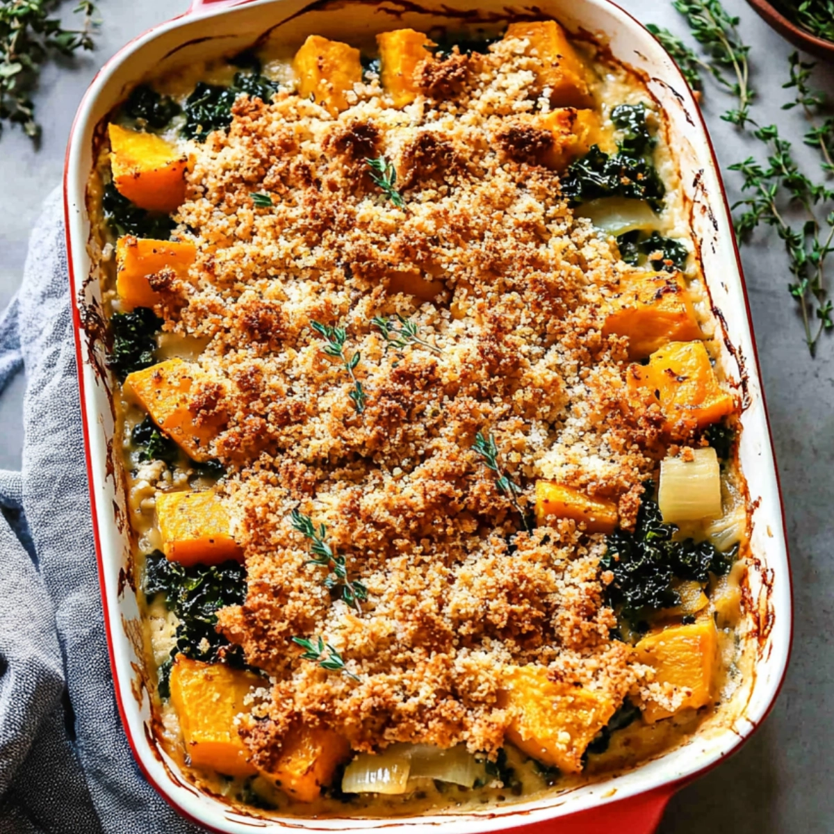 Cheesy butternut squash casserole topped with crispy breadcrumbs and fresh thyme, served in a red Staub dish with a hint of melted cheese, kale, and butternut squash.