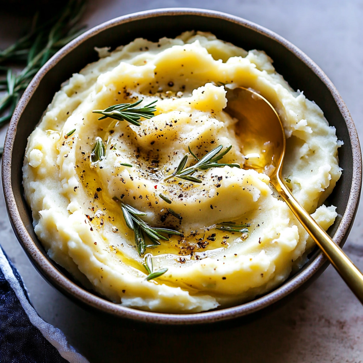 A close-up shot of creamy mashed potatoes topped with fresh rosemary and cracked black pepper in a stylish bowl, with a golden spoon resting beside it.