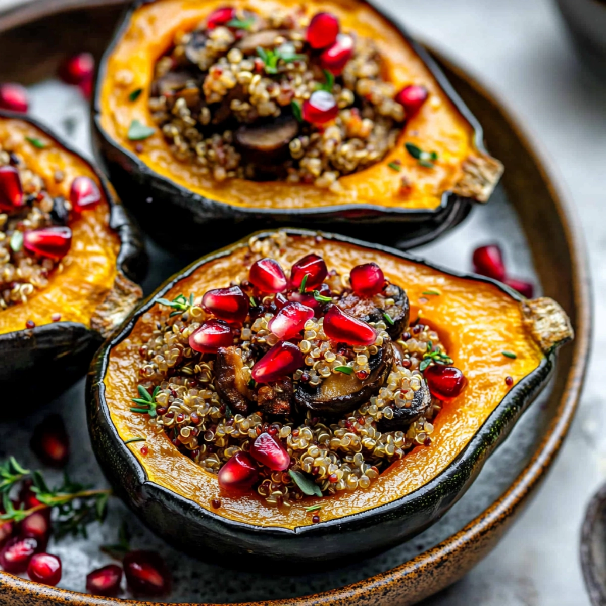 A close-up image of roasted acorn squash halves filled with quinoa and mushrooms, topped with pomegranate seeds and thyme on a rustic plate.