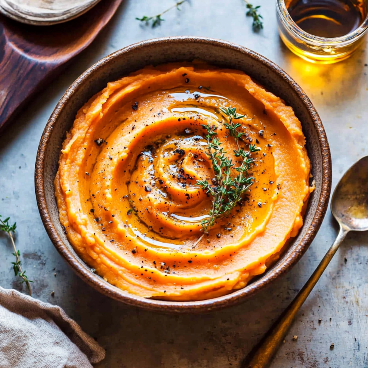 A bowl of creamy mashed sweet potatoes garnished with fresh thyme and black pepper, with a spoon beside it.