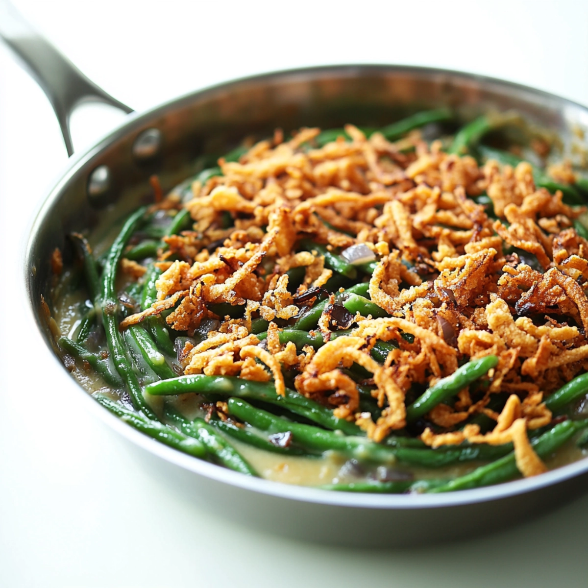 Homemade green bean casserole in skillet topped with crispy fried onions