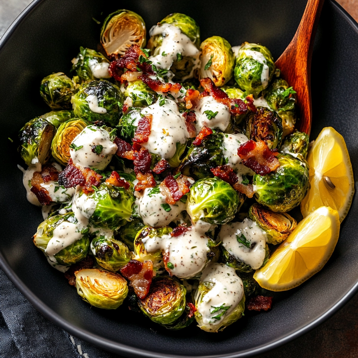 Roasted Brussels sprouts with creamy sauce, crispy bacon, and fresh herbs in a modern bowl.
