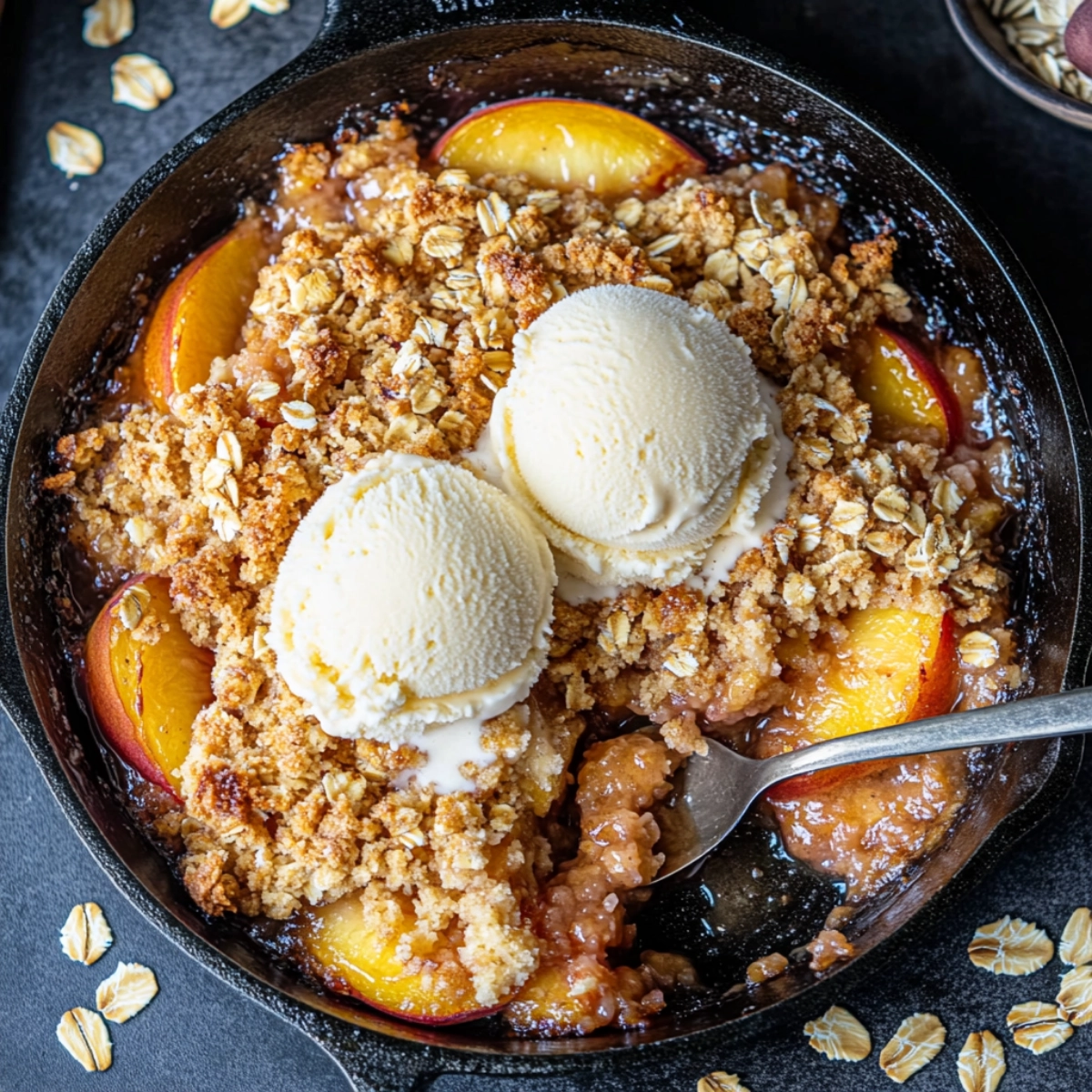 Close-up of a peach crisp dessert with vanilla ice cream and a chamomile flower garnish in a cast iron skillet.