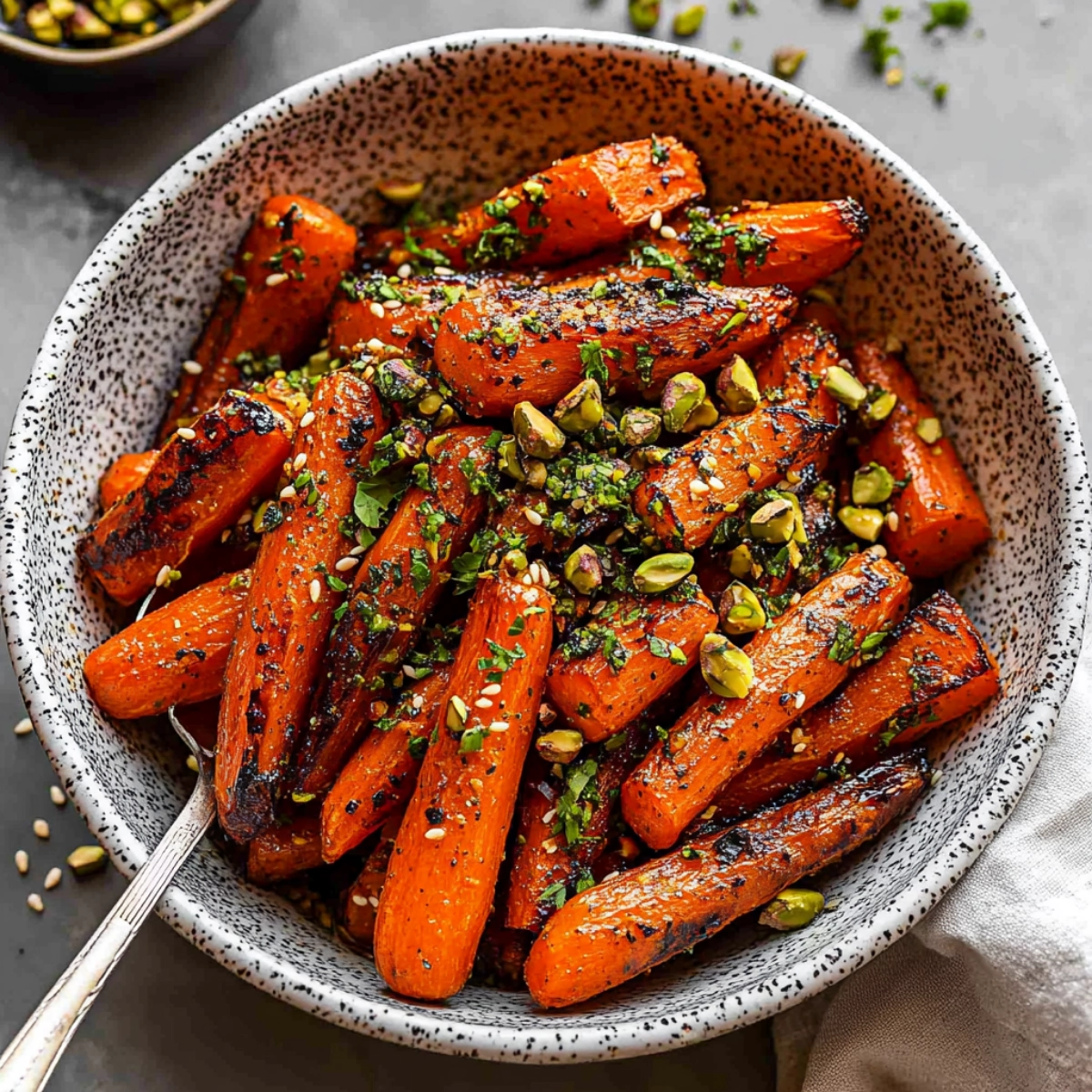 Close-up of roasted coriander carrots garnished with sesame seeds, pistachios, and fresh herbs in a speckled bowl.