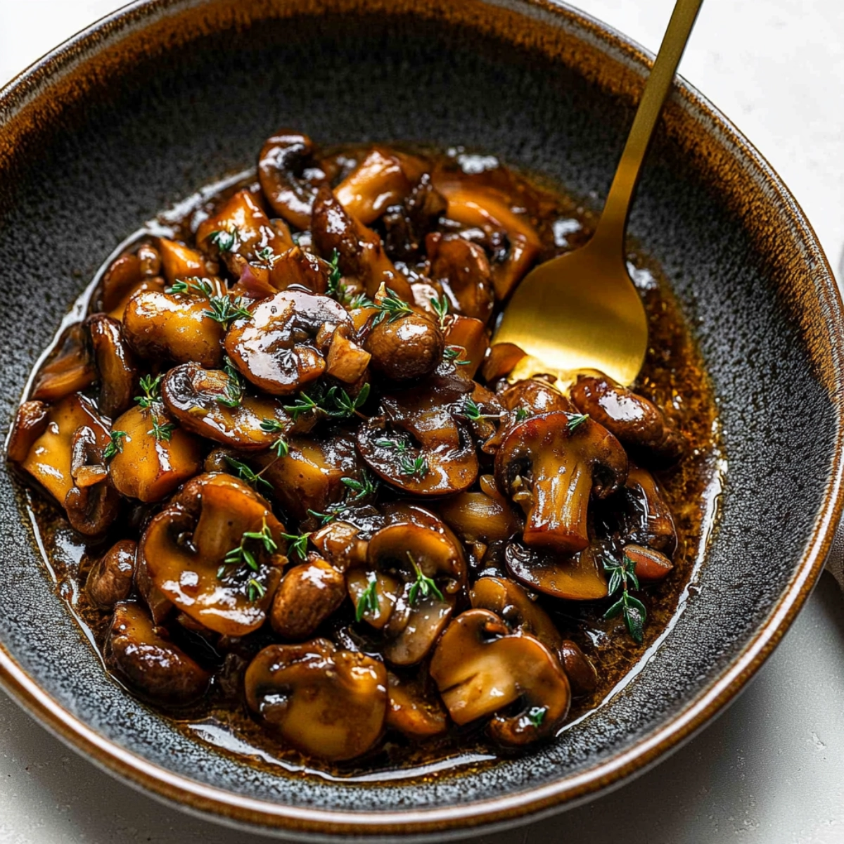 A close-up view of sautéed mushrooms in a rich brown sauce with thyme and garlic served in a rustic ceramic bowl with a golden spoon.