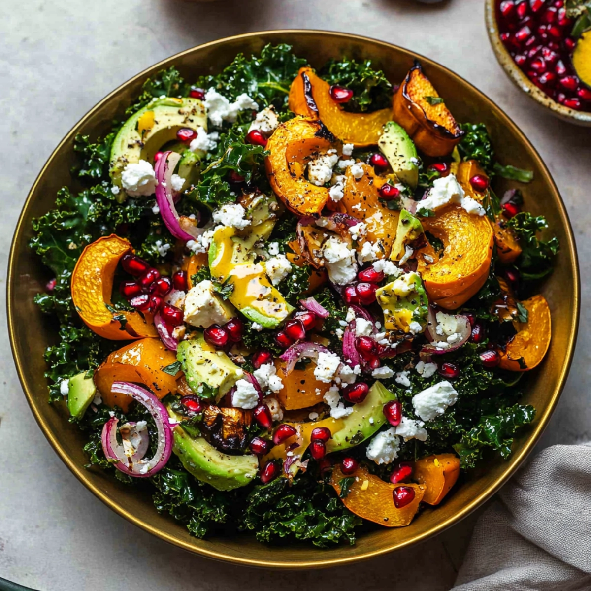 A close-up shot of a vibrant autumn salad featuring roasted squash, avocado slices, pomegranate seeds, shallots, and feta, all resting on a bed of kale, topped with a creamy dressing.
