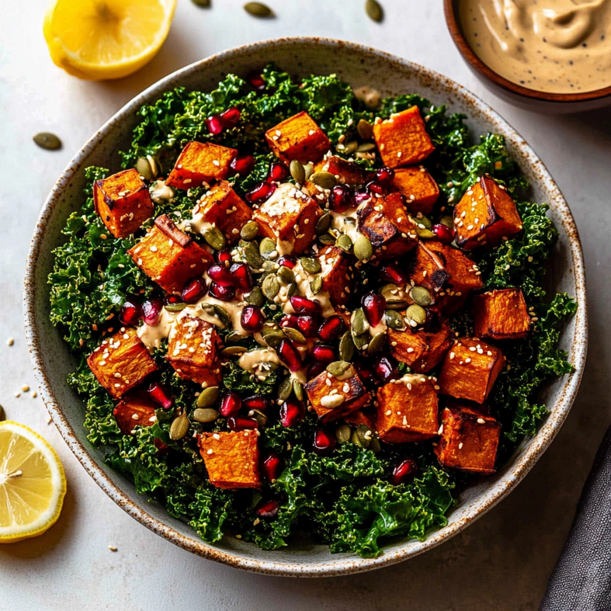 A vibrant salad with roasted sweet potatoes, kale, pomegranate, pumpkin seeds, and tahini dressing on a white background.