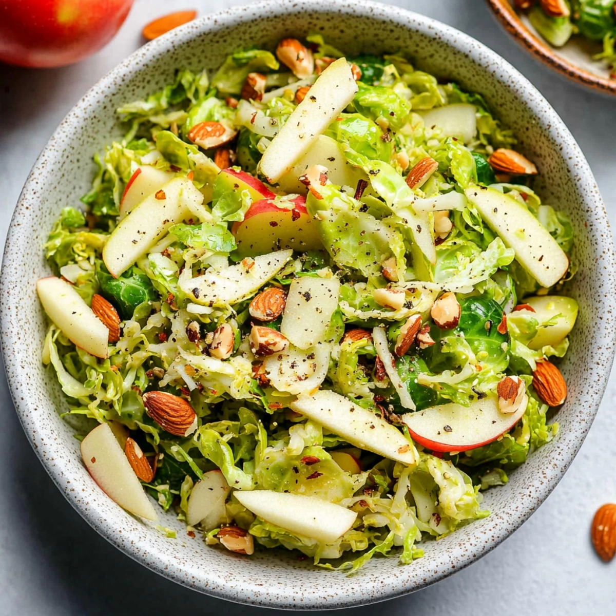 A close-up image of a fresh Brussels sprouts salad with sliced apples, nuts, and seeds in a speckled bowl.