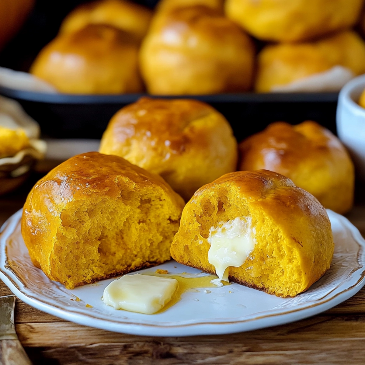 Fluffy homemade pumpkin dinner rolls served with butter on a rustic plate.