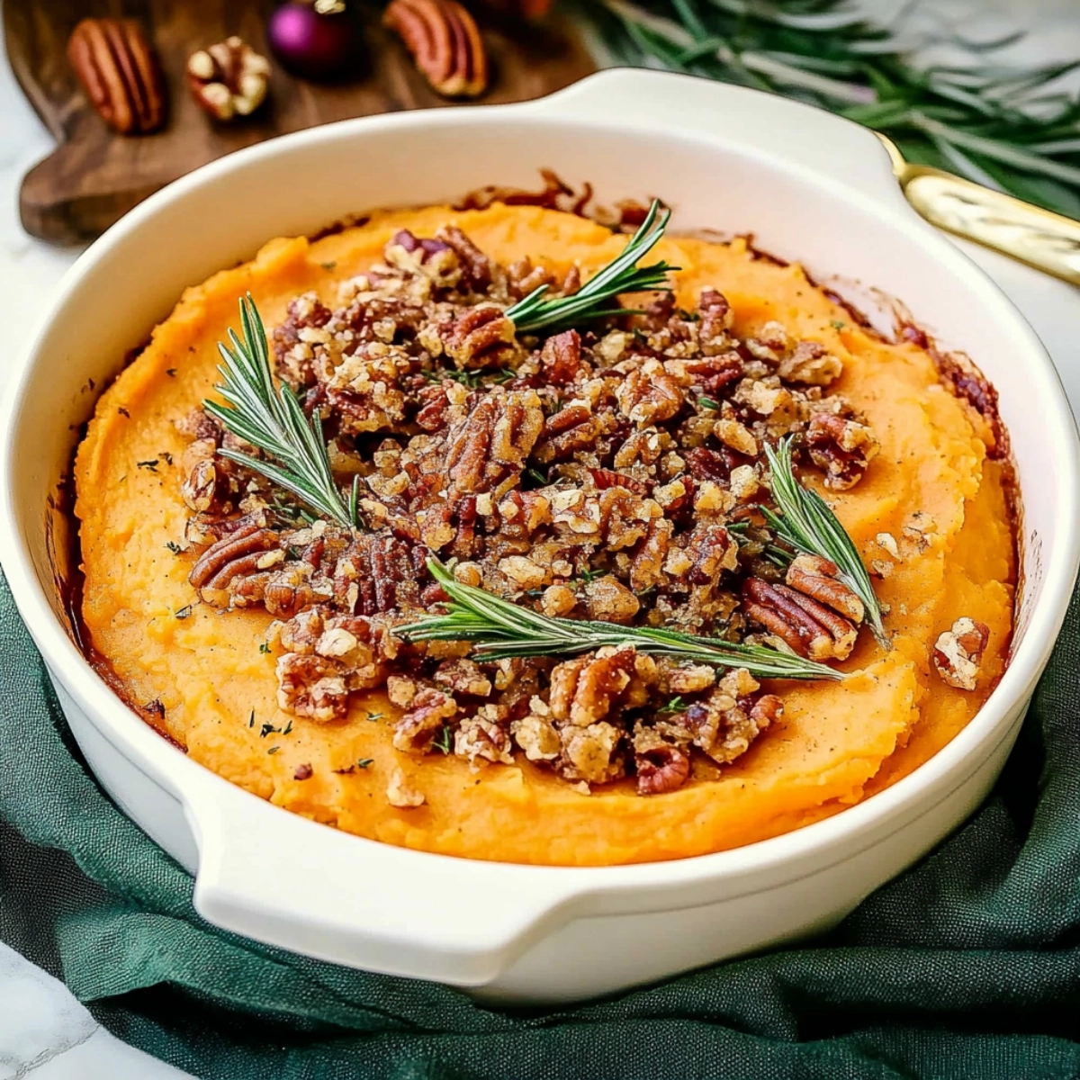 Sweet potato casserole with a pecan streusel topping, garnished with fresh herbs, served in an elegant white baking dish.