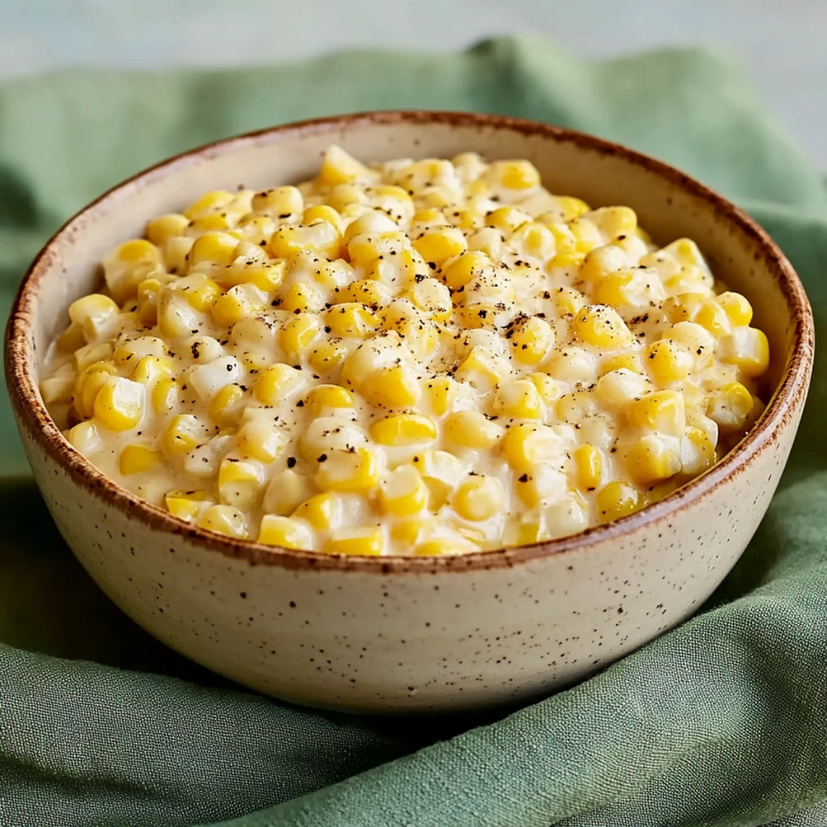 Close-up of creamy corn kernels with a spoon, lightly seasoned with black pepper, in a rich creamy sauce.
