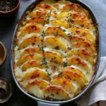 A delicious close-up of scalloped potatoes, with a crispy golden top and creamy layers in a baking dish, surrounded by black pepper.