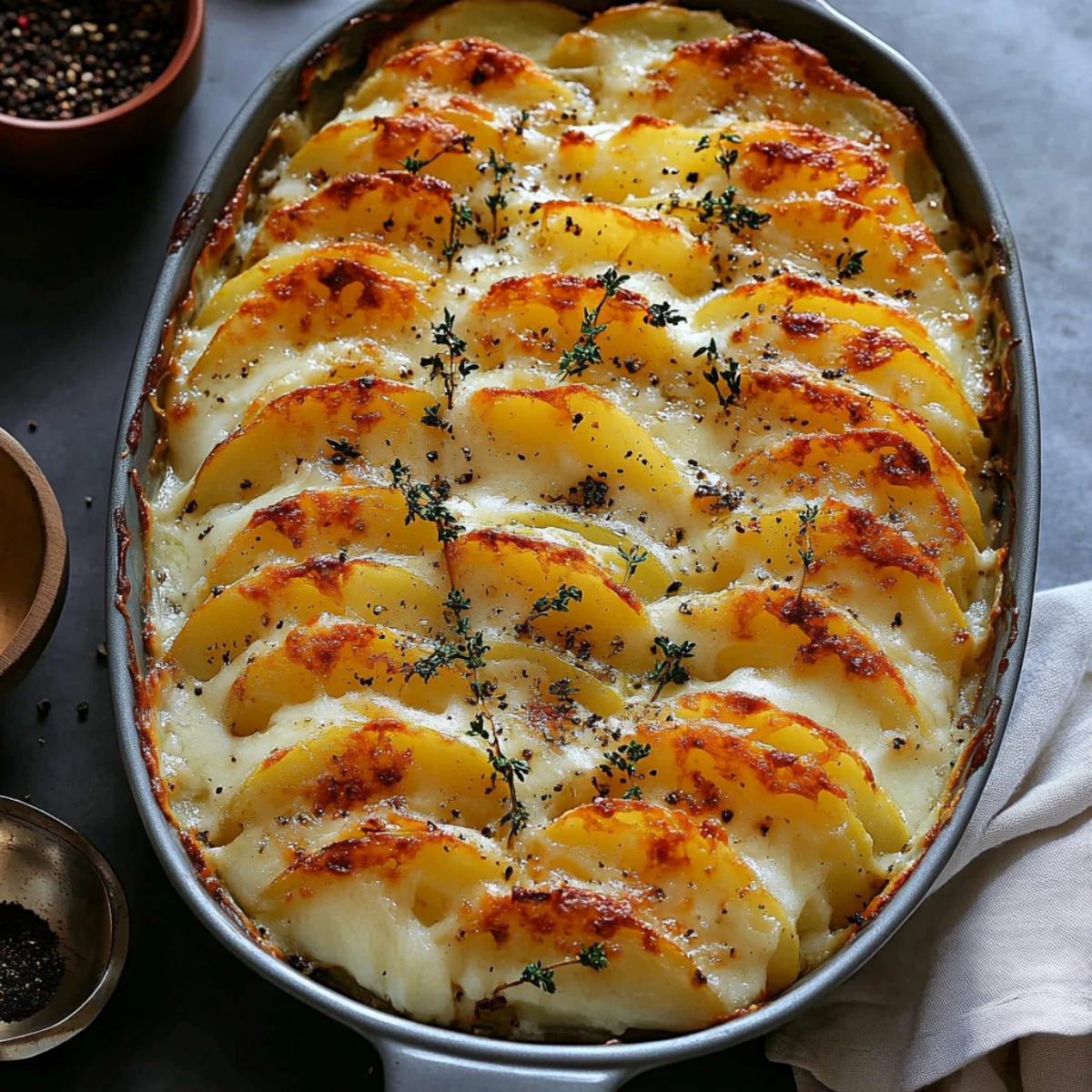 A delicious close-up of scalloped potatoes, with a crispy golden top and creamy layers in a baking dish, surrounded by black pepper.