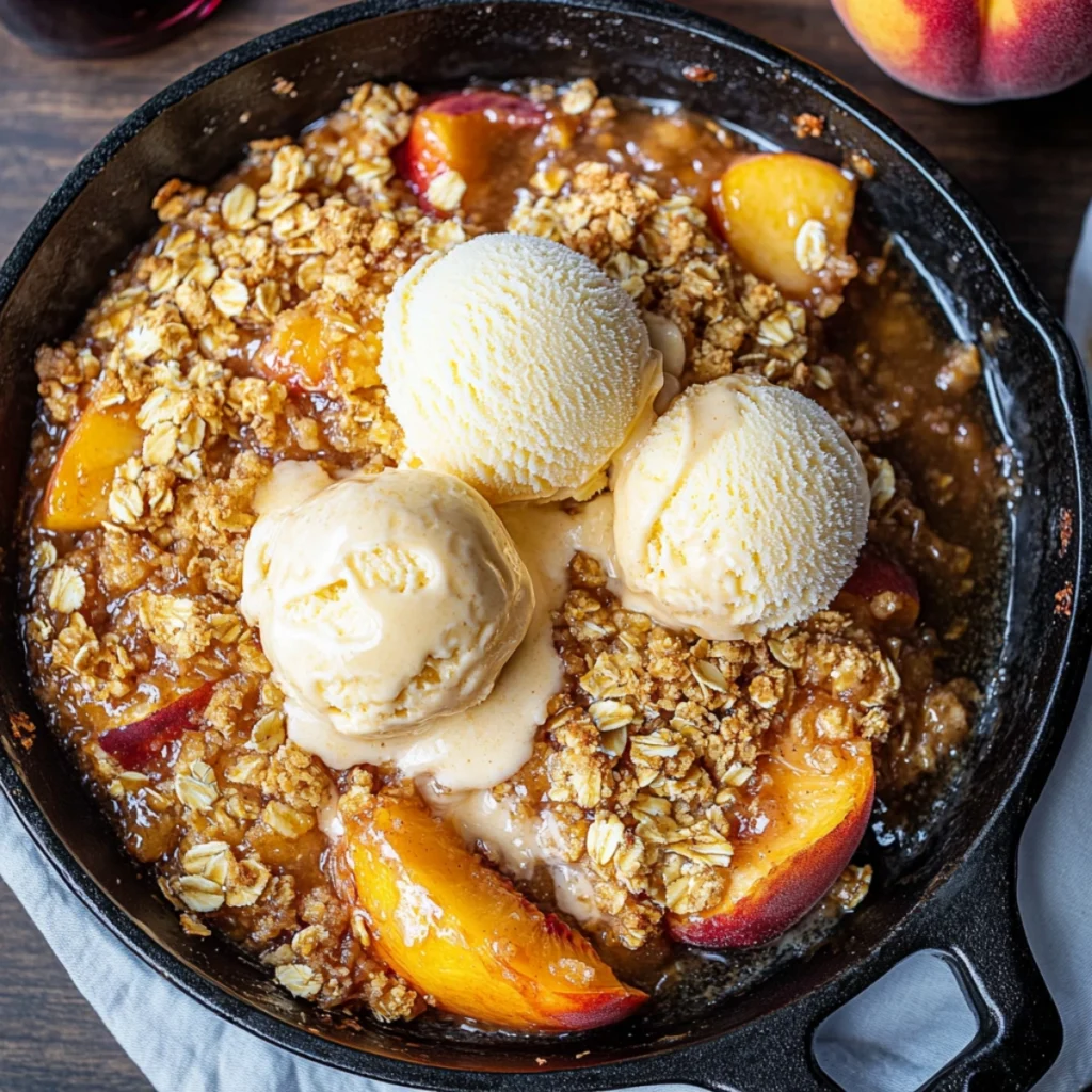 Peach crisp dessert with vanilla ice cream melting on top, showcasing a deliciously golden oat topping and juicy peach filling.