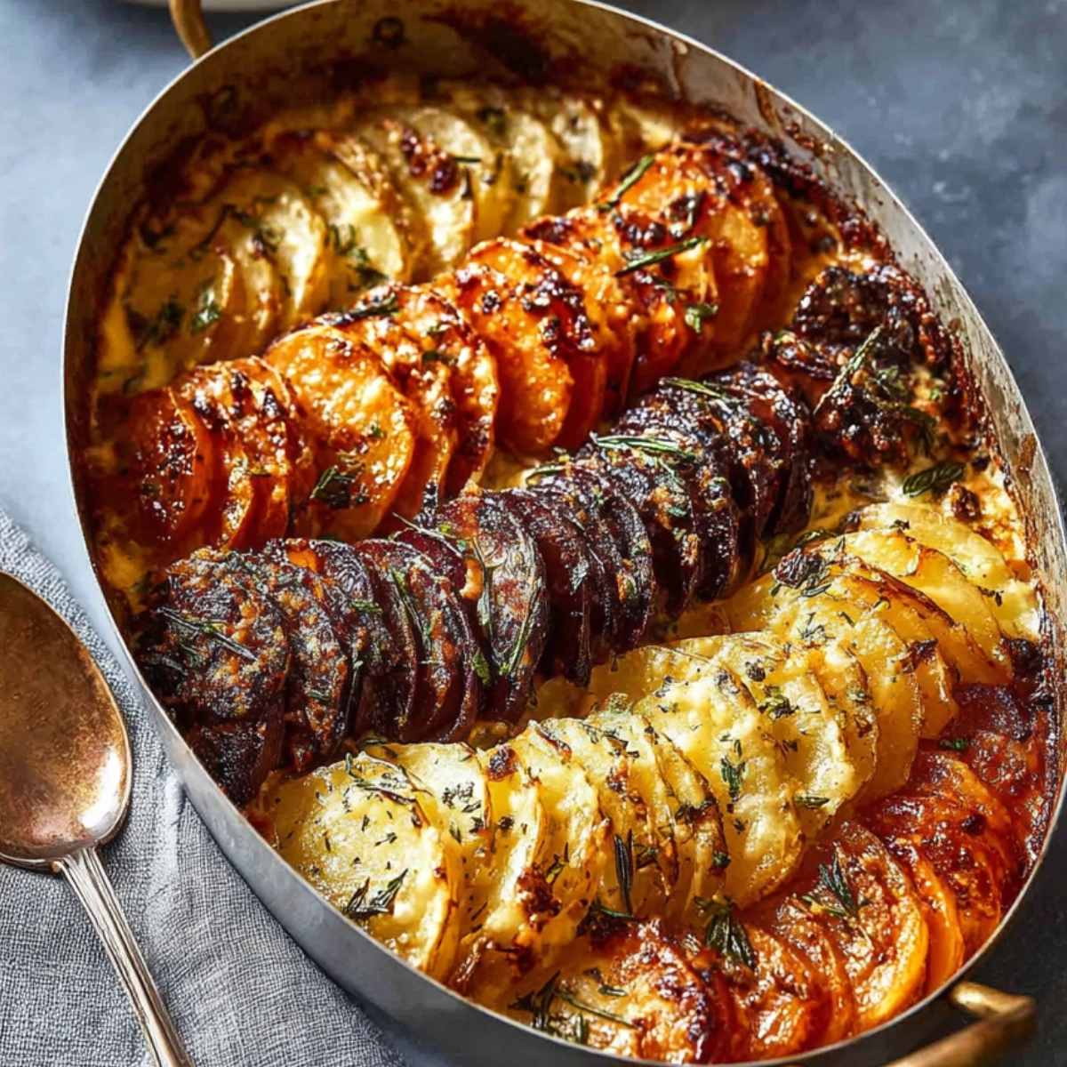 A golden-brown dish of roasted sliced potatoes arranged in a spiral, garnished with thyme sprigs and drizzled with olive oil.