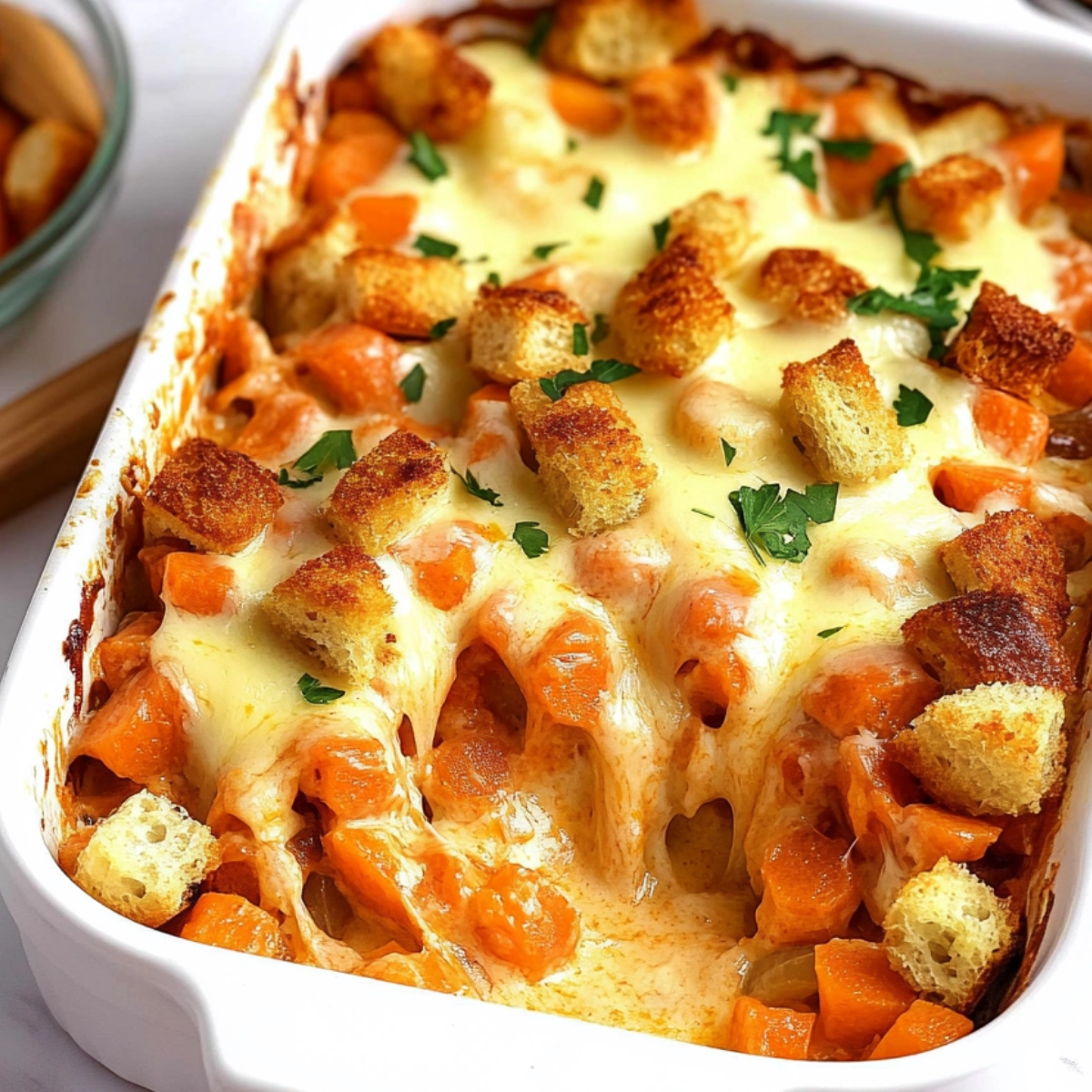 A close-up shot of a creamy carrot casserole topped with melted cheese and crispy croutons, garnished with parsley in a white dish.