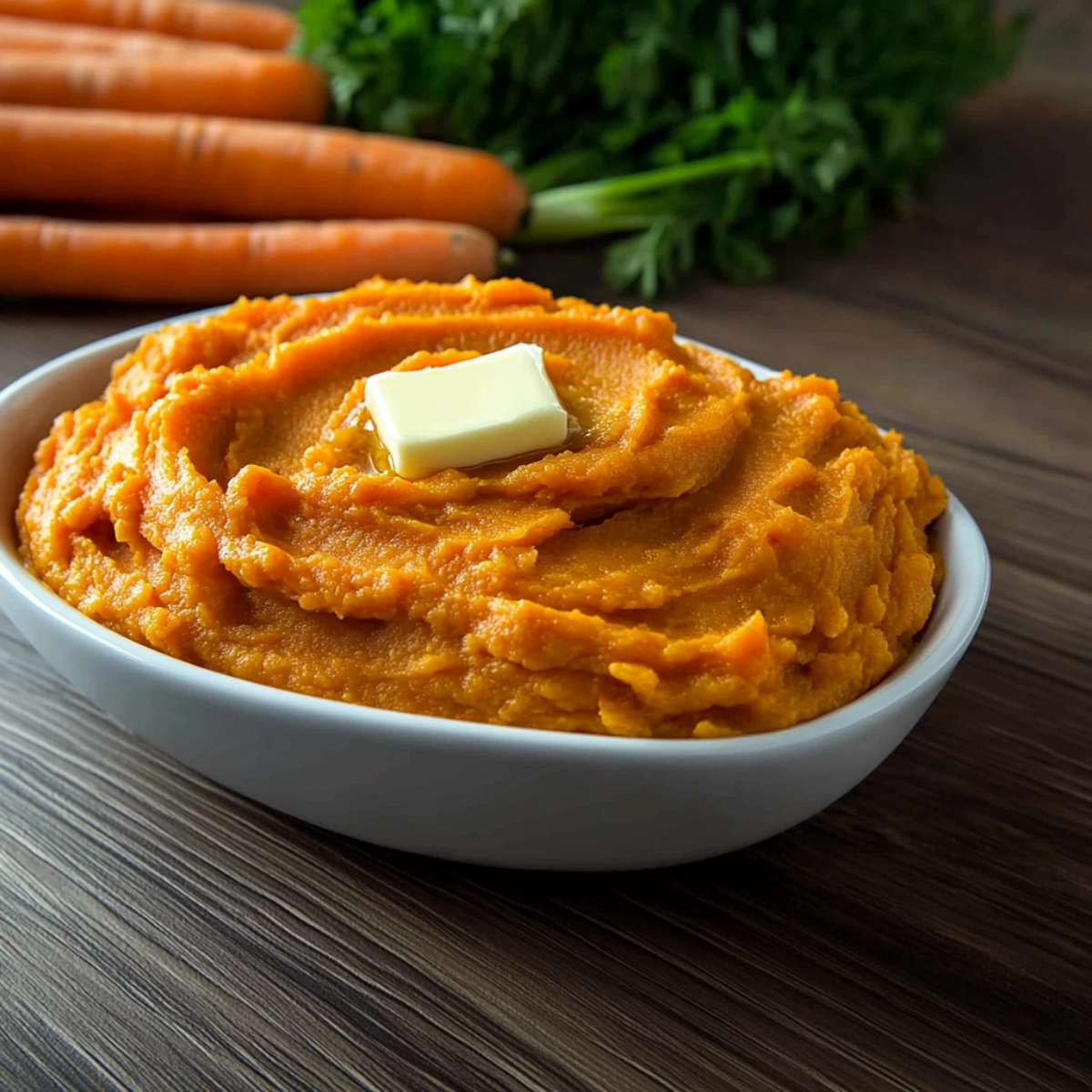 Mashed sweet potatoes with butter in a bowl with fresh carrots in the background.