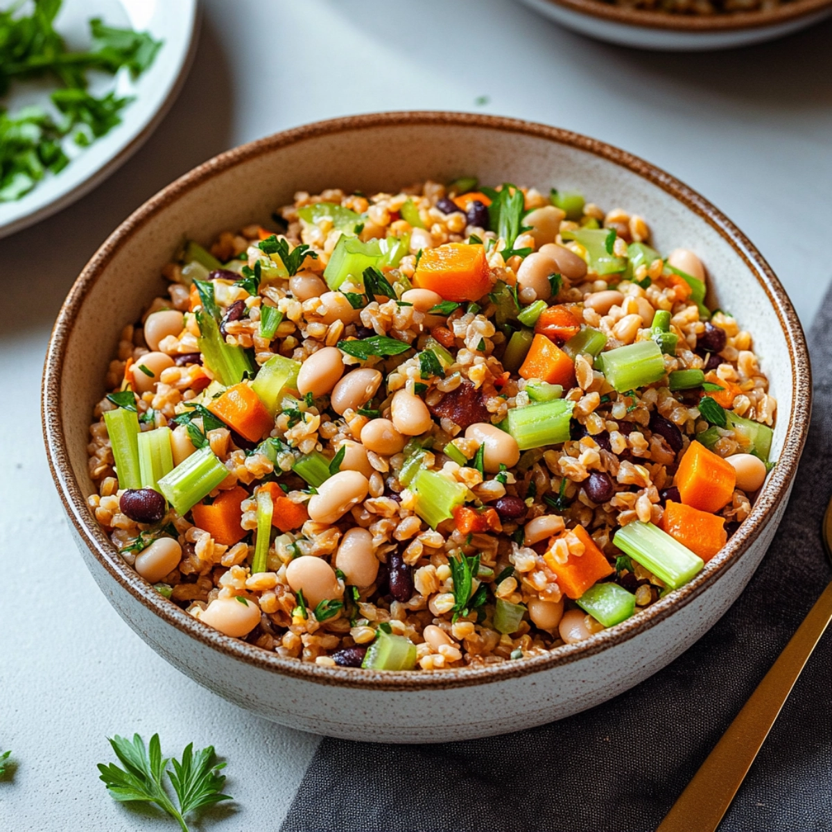 A vibrant farro salad with carrots, celery, white beans, and fresh parsley, served in a ceramic bowl with a side plate.