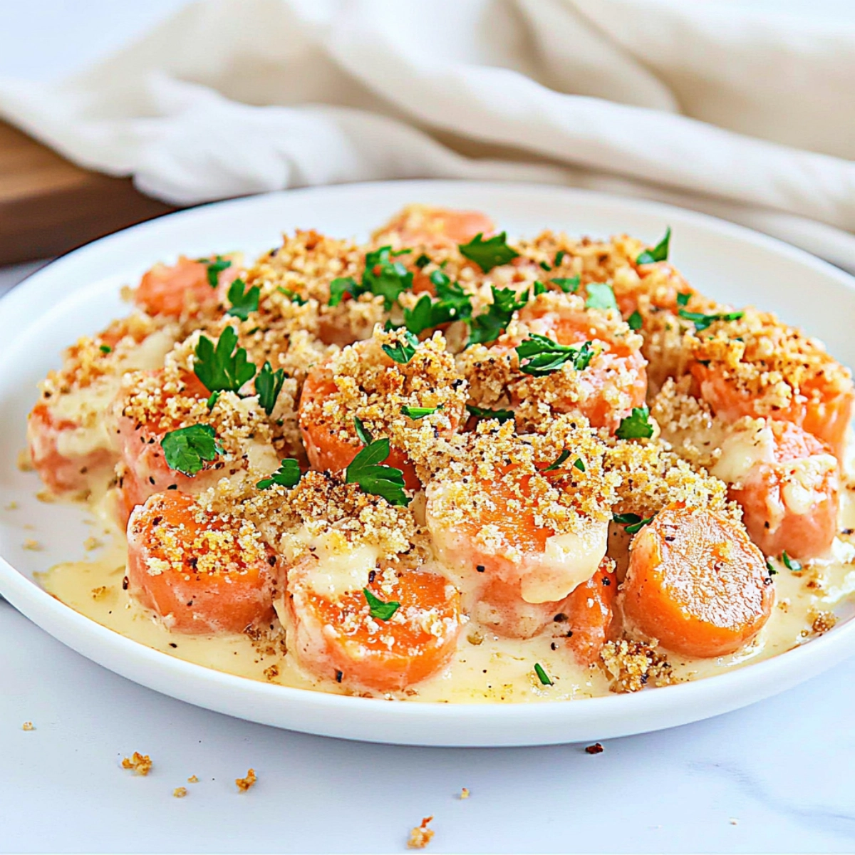 Baked sliced carrots with crispy breadcrumb topping and melted cheese garnished with fresh parsley.