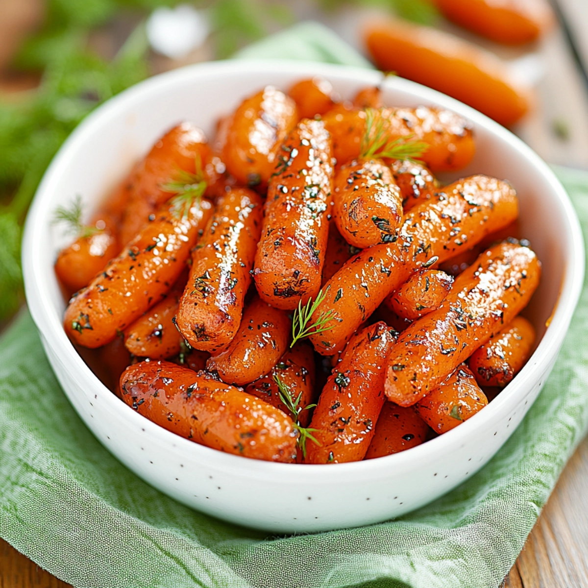 Glazed roasted baby carrots garnished with fresh herbs in a white bowl on a green cloth.