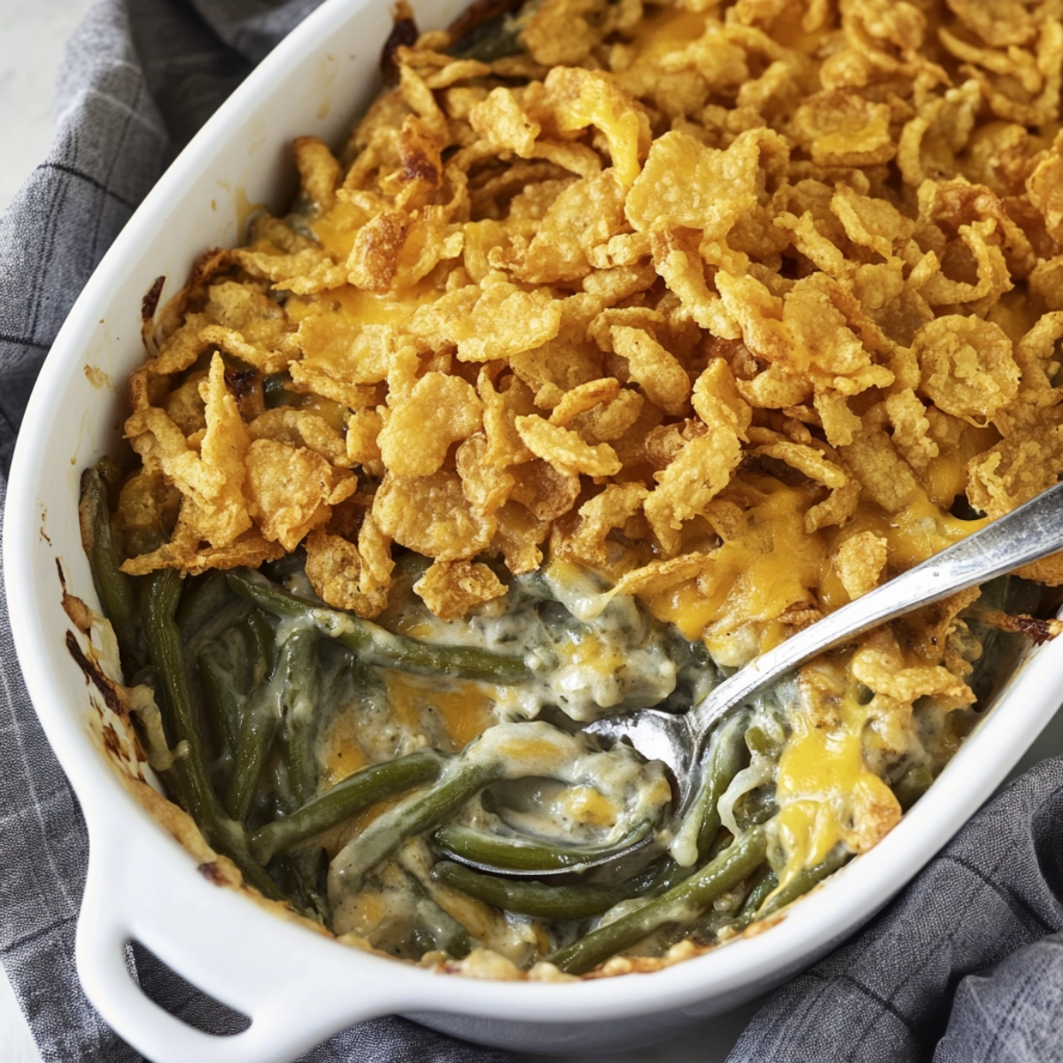 Cheesy green bean casserole topped with crispy fried onions in a white baking dish.