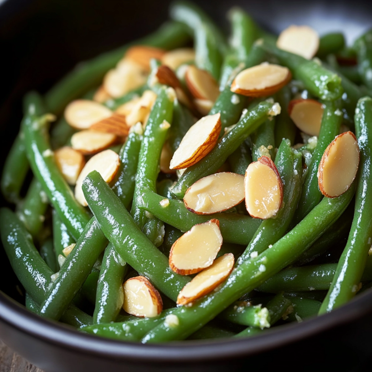 Fresh green beans with toasted almond slices in a close-up food photo.