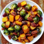 Roasted Brussels sprouts with butternut squash, pecans, and cranberries on a white plate.
