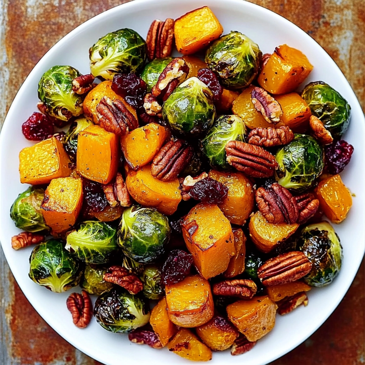 Roasted Brussels sprouts with butternut squash, pecans, and cranberries on a white plate.