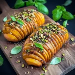 Hasselback butternut squash topped with pistachios and basil on a wooden board.
