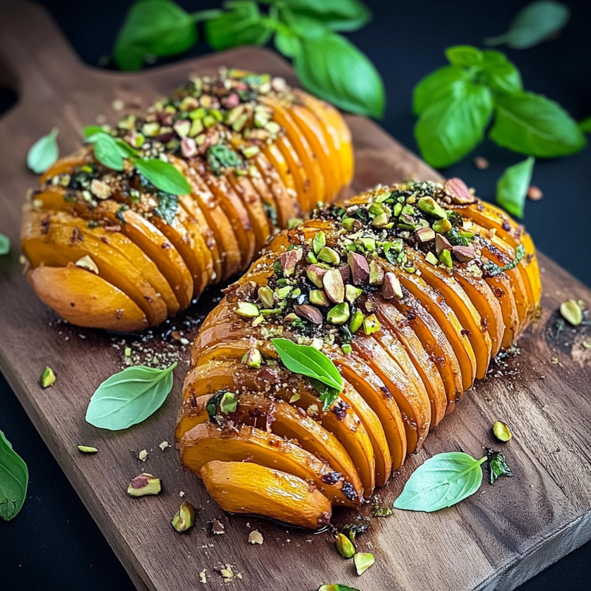 Hasselback butternut squash topped with pistachios and basil on a wooden board.
