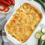 Golden cheesy vegetable casserole with zucchini and bell peppers in a white baking dish on marble countertop.