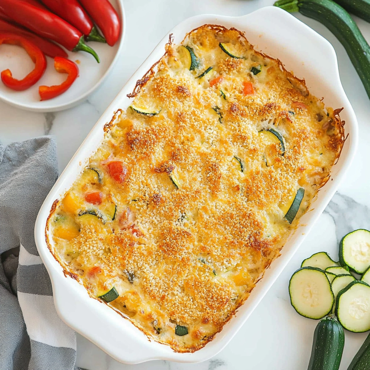Golden cheesy vegetable casserole with zucchini and bell peppers in a white baking dish on marble countertop.