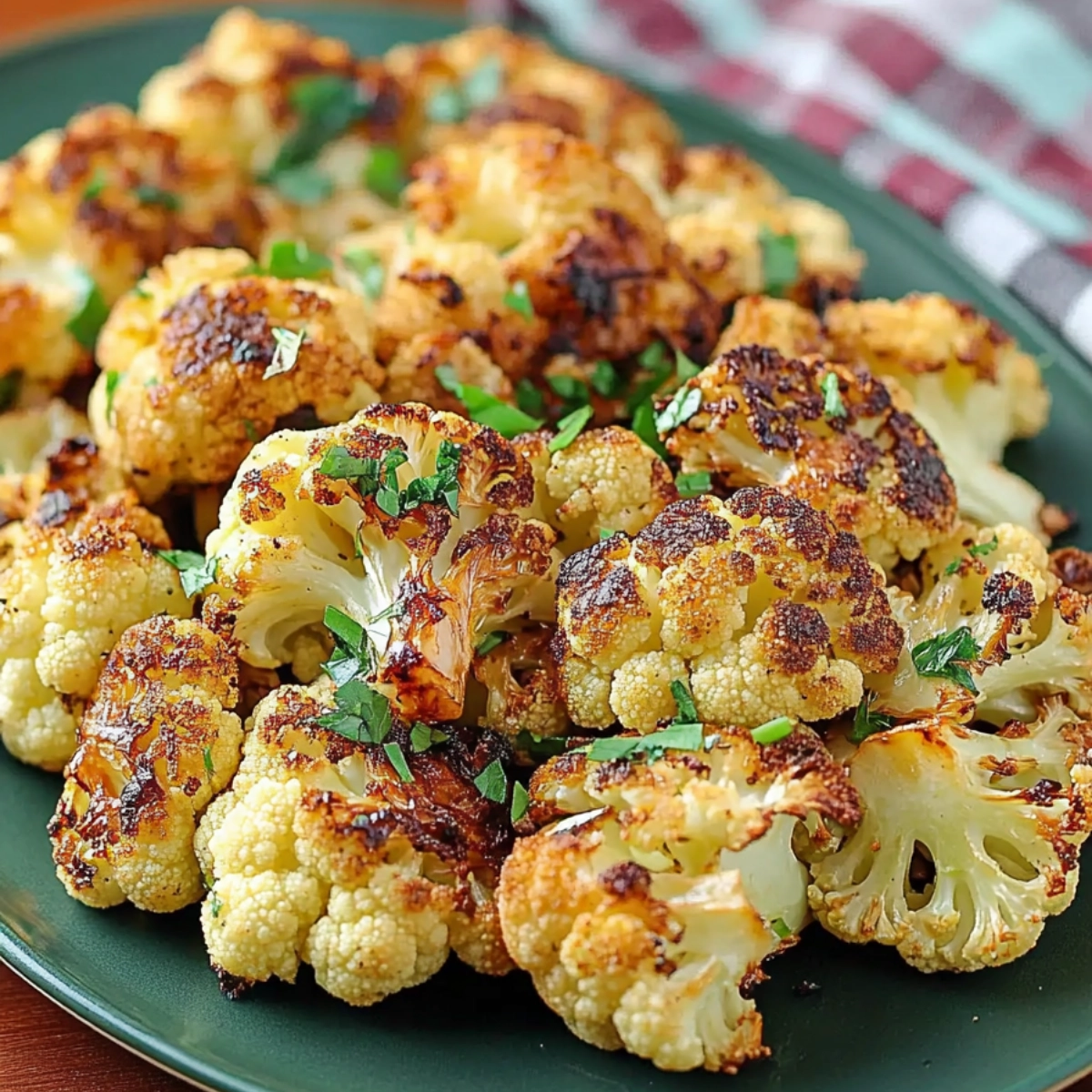 Crispy roasted cauliflower florets on a green plate with golden-brown char and fresh herbs.