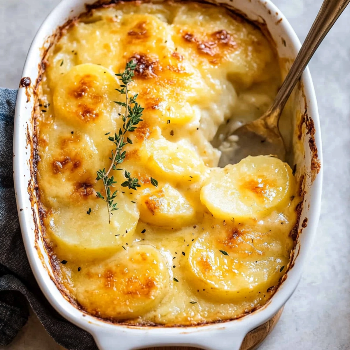 Golden cheesy potato gratin with creamy layers and fresh thyme in a white baking dish