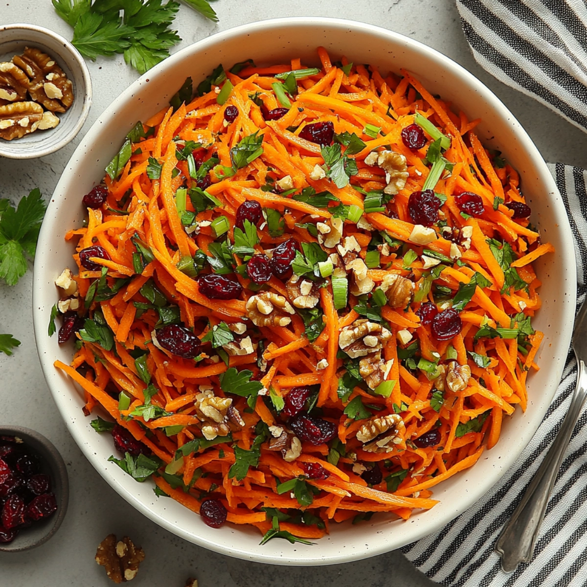 Shredded carrot salad with walnuts, cranberries, and green onions served in a white bowl with silver utensils.