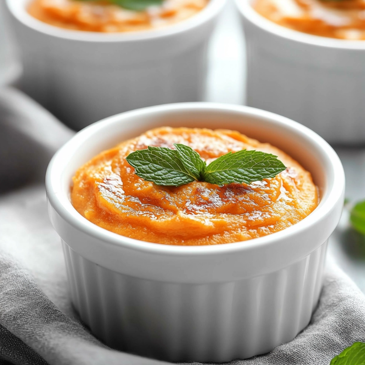 Creamy sweet potato mash in a white ramekin garnished with fresh mint leaves.