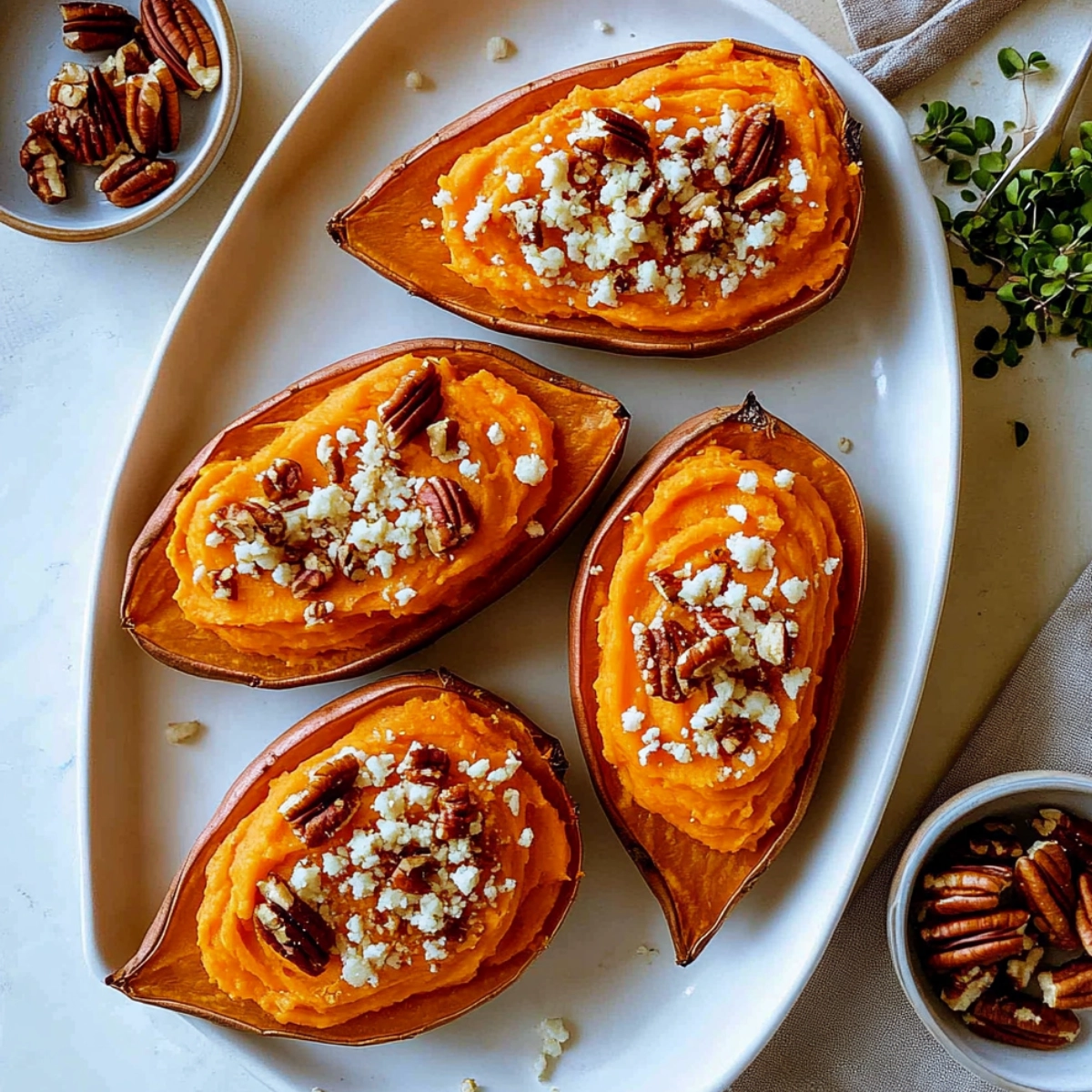 Baked sweet potatoes filled with whipped mashed sweet potato swirls, topped with cheese and pecans on a white platter.