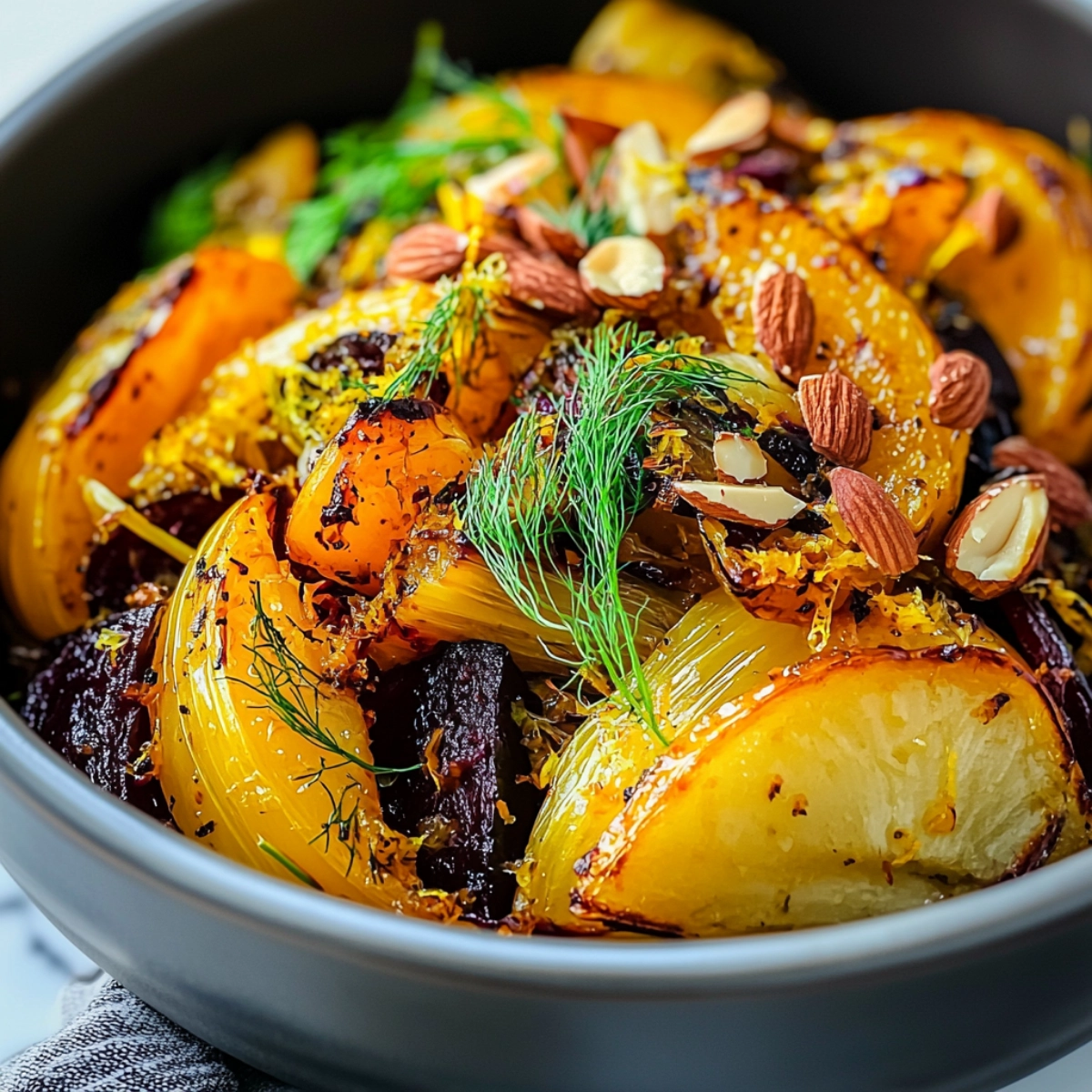 Close-up of roasted golden beets and fennel with almonds, dill, and citrus zest in a ceramic bowl.