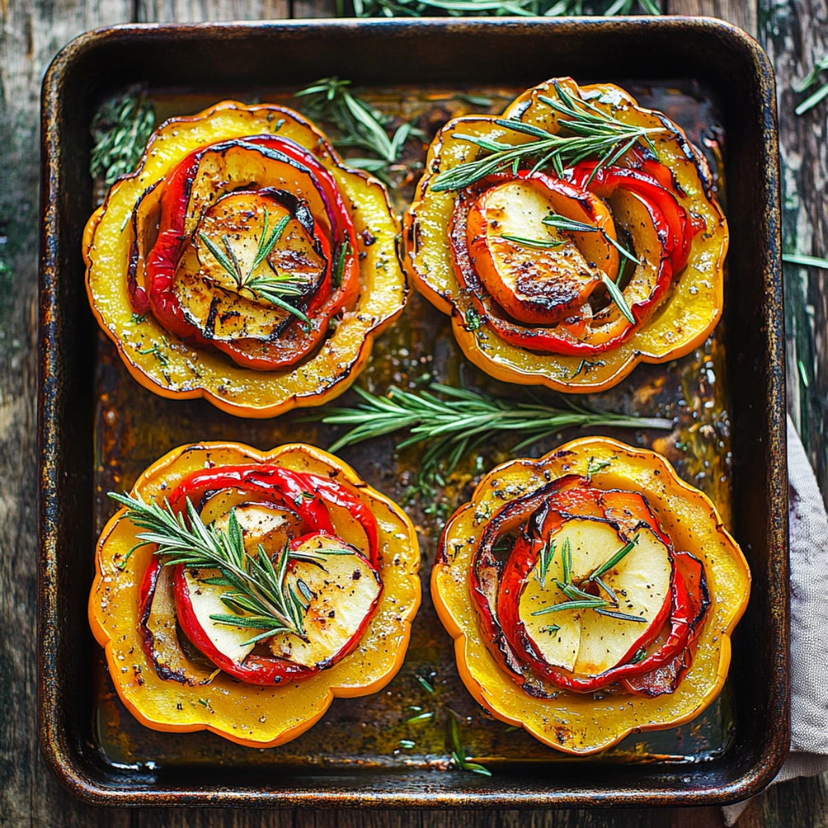 Roasted acorn squash stuffed with apples and peppers on a baking sheet with fresh rosemary and thyme.