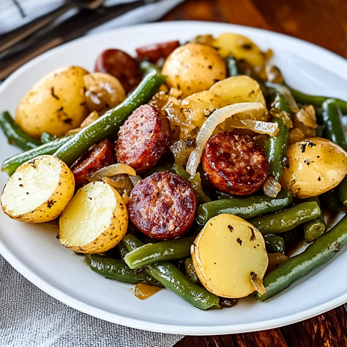 Close-up of Southern-style smoked sausage with potatoes and green beans on a white plate