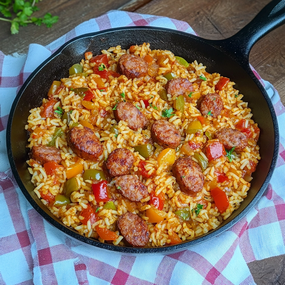 Cajun sausage and rice skillet with peppers, onions, and tomatoes served in a cast iron pan.