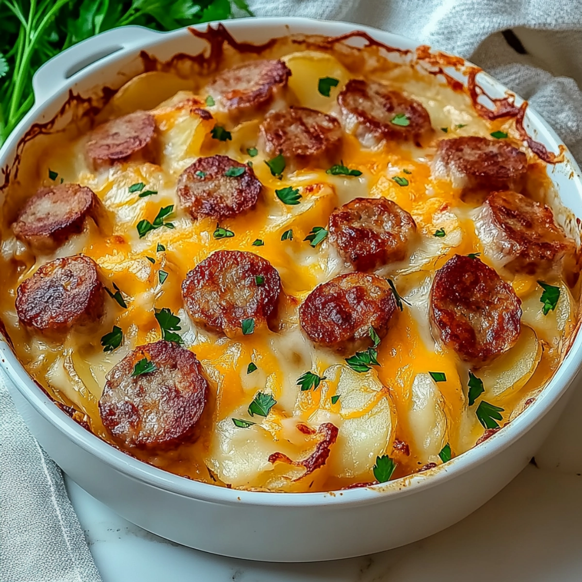 Cheesy sausage and potato casserole baked with melted cheddar and fresh parsley.
