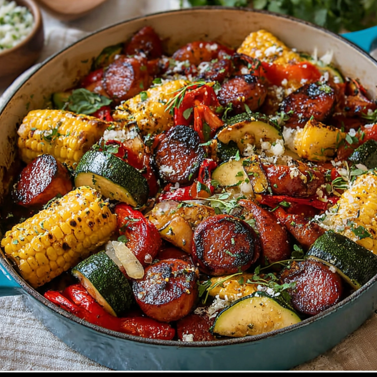 Colorful skillet meal with smoked sausage, grilled corn, zucchini, and bell peppers in a rustic pan.