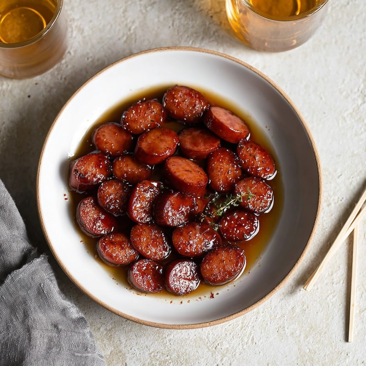 Glazed sausage slices served in a white enamel plate with sauce on a rustic tabletop.