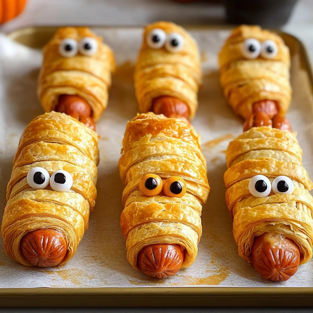 Delicious Halloween mummy hot dogs wrapped in puff pastry with candy eyes, perfect for spooky season snacks