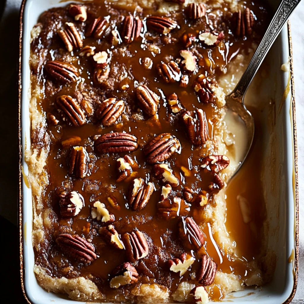 A close-up view of a warm pecan cobbler with caramel sauce and pecans, with a spoon cutting into the dessert in a baking dish.