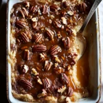 A close-up view of a warm pecan cobbler with caramel sauce and pecans, with a spoon cutting into the dessert in a baking dish.