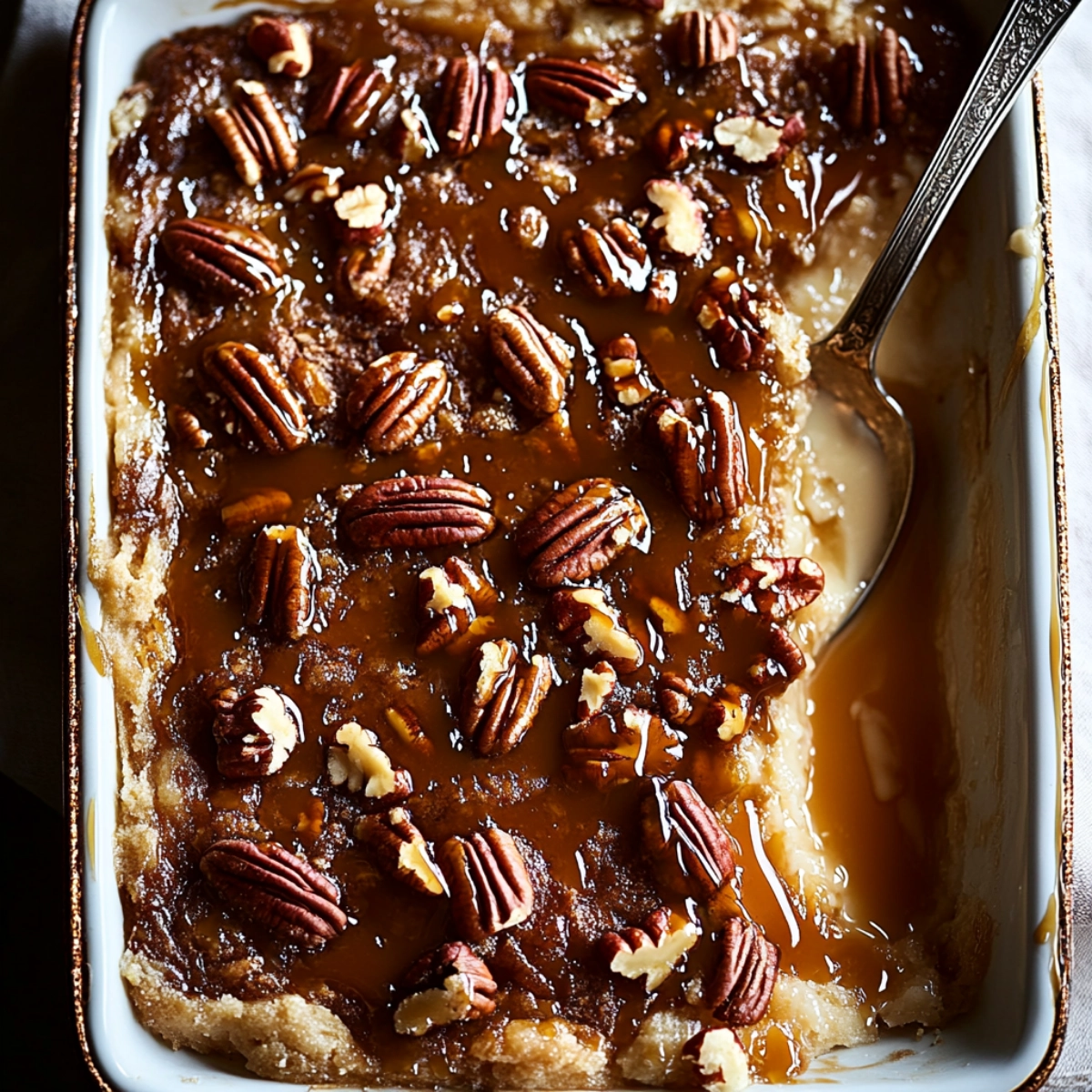A close-up view of a warm pecan cobbler with caramel sauce and pecans, with a spoon cutting into the dessert in a baking dish.