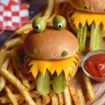 A creative burger monster with cheddar cheese, pickles as tongues, and green olives as eyes, surrounded by crispy French fries and ketchup.